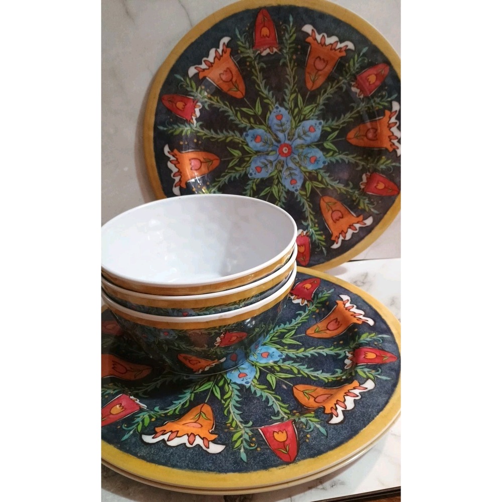 Tulip Melamine Set‎ Of 3 Plates 11" & Bowls Blue Red Yellow Vibrant